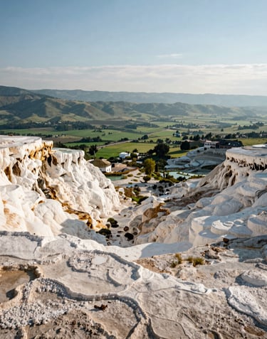 A wide-angle photography shot showing the vast panoramic view from the top of Hierve el Agua. The valley below is lush green, contrasting with the off-white mineral formations and soft blue sky.