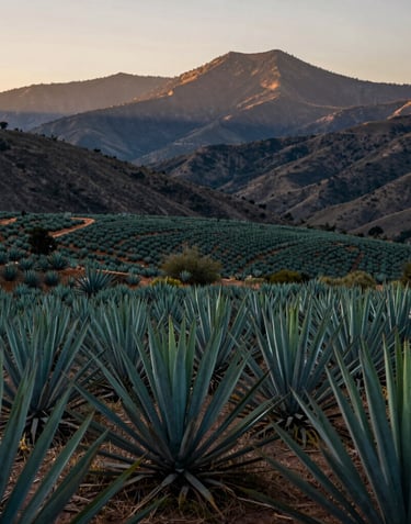 An evocative shot of agave fields in the Oaxacan valley, with the mountains of Hierve el Agua in the distance. The scene is dominated by deep teal greens and charcoal earth tones under sunset light.