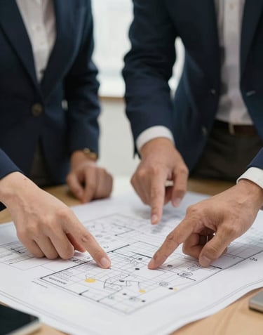 A professional portrait of a collaboration session—hands pointing to a clean blueprint or strategic map—emphasizing partnership and detail. Lighting is warm and sophisticated, using navy and gold tones.