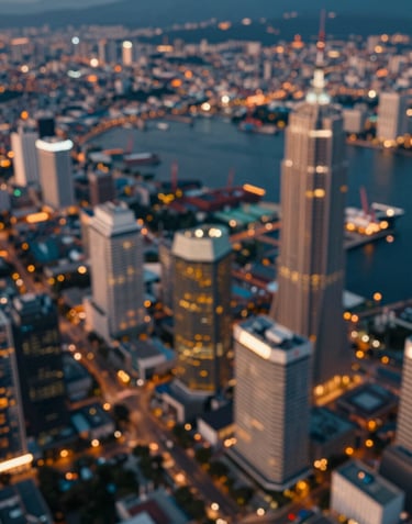 A subtle, artistically blurred aerial view of a vibrant Southeast Asian port or financial district, symbolizing regional connectivity. Warm amber and deep blue color palette.