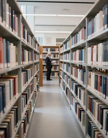 A wide shot of an elegant library within a modern institution. Rows of books are neatly organized on shelves. A scholar is seen in the distance, embodying academic prestige and focus. Color palette: Neutral Gray and Pearl White.