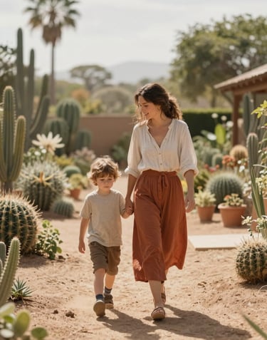 A cinematic, wide shot of a mother and child walking through a sun-drenched Western / Global garden. The style is candid and authentic, with soft focus and a warm palette of terracotta and soft sand.