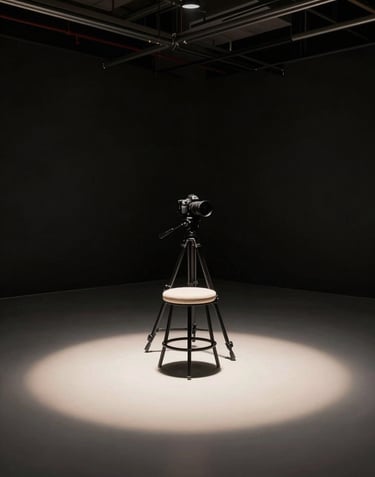 A professional North American photography studio in Buffalo, NY. A camera on a tripod is positioned in a large, dark room with high ceilings. A single spotlight creates a pool of off-white light on a minimalist stool against a deep black background.