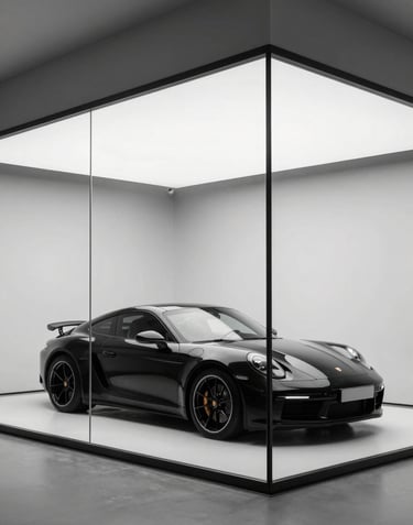 An ultra-modern minimalist showroom with floor-to-ceiling glass. A single Porsche sits under a spotlight. The color palette is strictly Obsidian Black and Mist White for a clean, luxury aesthetic.