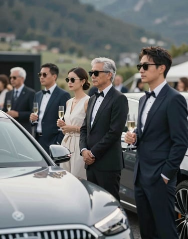 A group of elegant people standing next to luxury cars at a lifestyle event in Andorra. The scene is chic, with refined attire and glasses of champagne. Soft lighting, #B2A292 tones throughout.