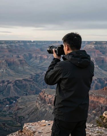 A moody portrait of a photographer from behind, standing on a jagged cliff and looking out over a vast silver grey canyon under a soft grey sky. The person is wearing a jet black technical jacket. Global / Western wilderness setting.