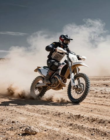 A powerful action shot of a motorcycle kicking up dust on a dry lake bed in a Global / Western desert. The color palette is dominated by soft white dust clouds and dark charcoal shadows. Edgy, high-contrast photography style.