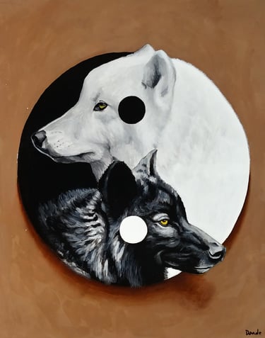 the two dogs of good and evil entwined in a yin-yang fashion forming a Tao