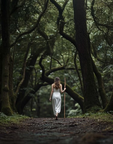 une femme en tenue blanche tient un bâton de marche en bois et marche sur un chemin de forêt