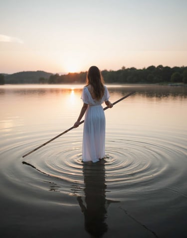 une femme en tenue blanche dessine des cercles dans l'eau avec un bâton de pèlerin en bambou