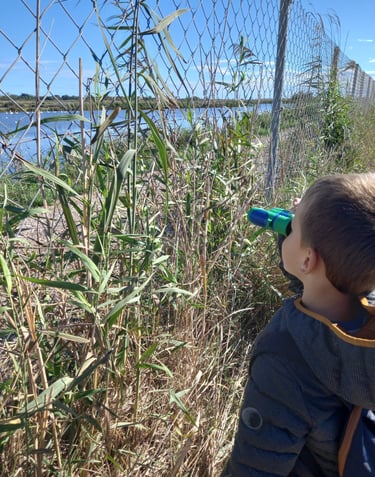 Enfant observant la nature avec des jumelles lors d'une sortie en plein air sur le Canal du Midi