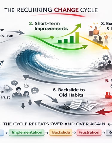 Diagram of The Recurring Change Cycle showing steps from budget planning to resistance and frustration.