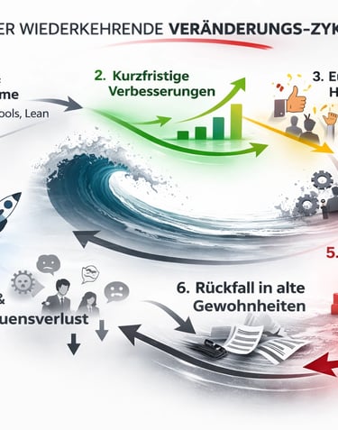 Diagram of the recurring change cycle showing stages from initial budget and euphoria to resistance and frustration.