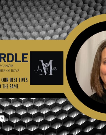 Amy McArdle in a black shirt and gold with a gold frame and title about personal development