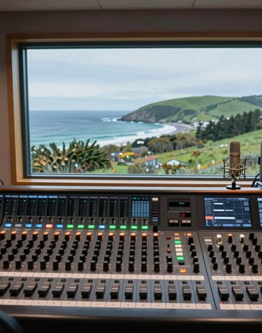 Inside a modern digital radio studio with advanced mixing boards and microphones, a large window behind shows a stunning view of the Atlantic coast and green hills, European Atlantic / Insular.