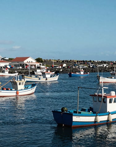 A wide shot of a bustling harbor in the Azores with colorful fishing boats and blue water, conveying a sense of community and connectivity, European Atlantic / Insular, bright daylight.