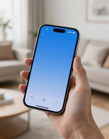 Close-up of a hand holding a sleek smartphone in a bright, modern North American living room. The phone shows a clean blue interface representing an AI assistant.