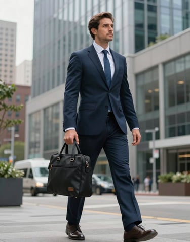 A lifestyle shot of a professional adult in smart business attire walking with a laptop bag through a modern, architecturally impressive city district in the US.