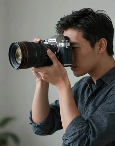 A professional photographer in a North American / US studio setting looking through the viewfinder of a high-end camera, sleek dark blue-gray and light silver tones, cinematic lighting.