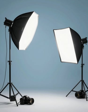 A minimalist studio scene with professional softbox lights and a sky blue background, high-end photography equipment neatly arranged, modern aesthetic.