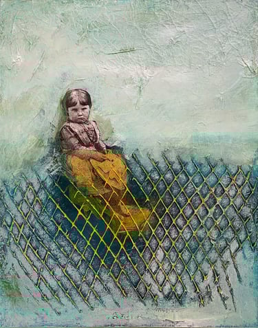 collage with child behind barrier
