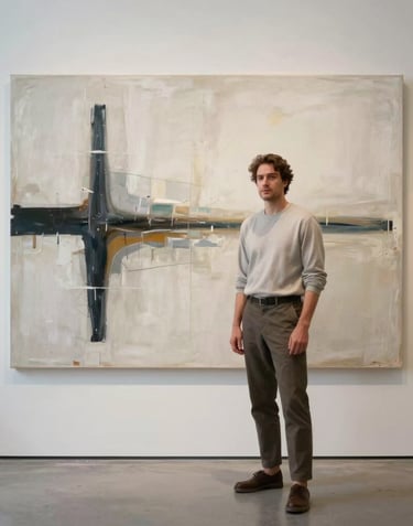 Professional editorial portrait of an artist in a high-end, minimalist North American / US gallery, standing next to a large abstract canvas, neutral clothing.
