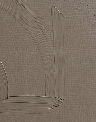 Macro photography of oil paint application on canvas, showing rich muted earth textures and fine architectural lines in natural North American / US light.