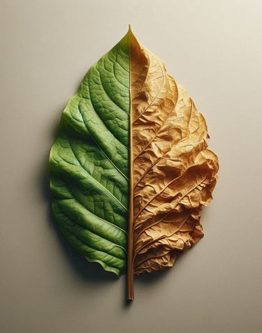Una hoja de tabaco cuya mitad izquierda está verde y la mitad derecha es el aspecto de la hoja después del proceso de secado.