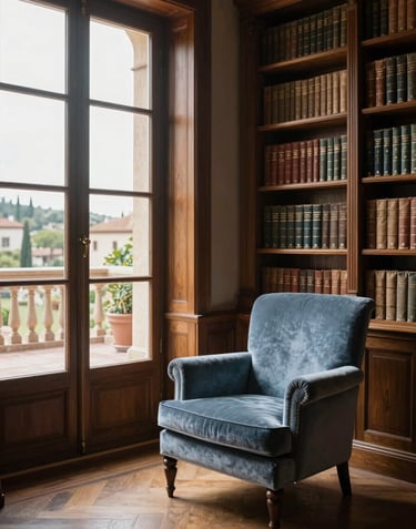 Interior shot of a refined 19th-century library with tall wooden cases, a velvet armchair in slate blue, and large windows looking out over a Southern European terrace.