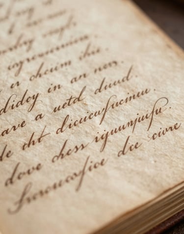 Macro photography of an original handwritten manuscript from the 19th century, showing elegant cursive script on yellowed paper, lit with warm side lighting.
