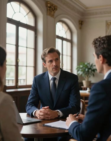 A professional consultant in a tailored navy suit conversing with a client in an elegant, airy Mediterranean office with high ceilings and tall windows, quiet luxury aesthetic.