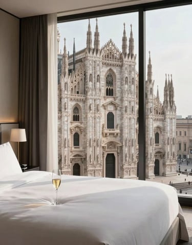 An ultra-modern 5-star hotel suite overlooking the Duomo in Milan, minimalist white linens, champagne accents, soft morning light, professional photography, European / International High-Net-Worth.