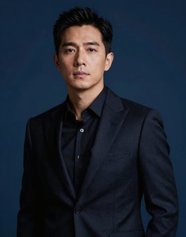 An elegant portrait of Lyan Galindo, looking sophisticated in a dark tailored suit. The lighting is dramatic, high-contrast, casting a warm glow on one side of his face while the other remains in shadow. The background is a deep #1A2D3A blue, conveying emotional depth.