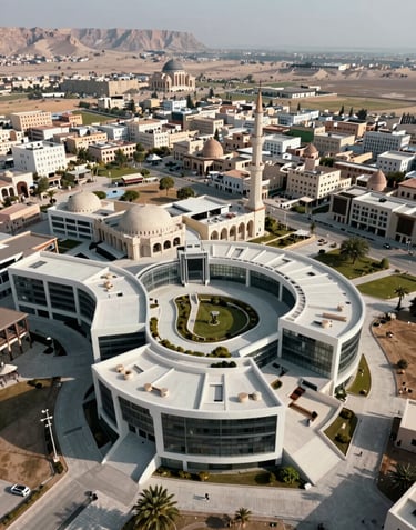 An aerial drone photograph of a stunning tourism facility in the Middle East / Turkey, blending modern architecture with regional landscape, shot in bright daylight.