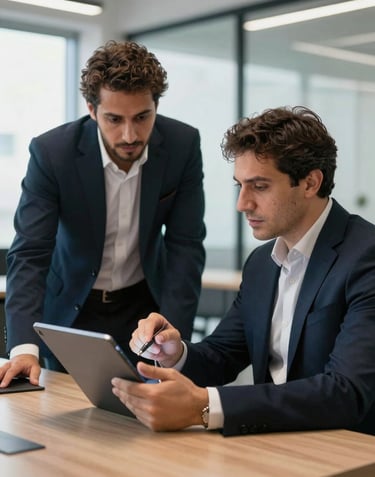 A supportive meeting scene: a consultant and a business owner in a modern Middle Eastern / Turkish office discussing strategy on a digital tablet.