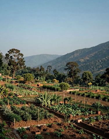 An elegant, wide-angle landscape photograph of a South Asian / Indian valley being restored. Sections of young forest alternate with organic gardens, all under a vast, soft blue sky that reflects growth and hope.
