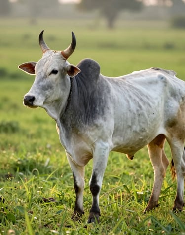 A majestic photography of a South Asian / Indian Desi cow (Gaumata) standing gracefully in a lush green pasture. The lighting is ethereal, creating a glow around the animal's silhouette, embodying the sacred and serene mood of the collective.