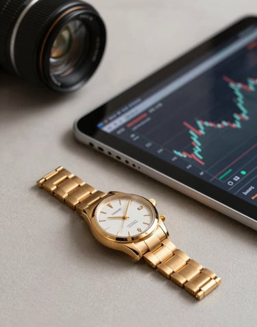 Elegant photography of a high-net-worth investor's workspace, focusing on a premium metallic gold watch and a tablet showing financial growth trends, soft lighting.