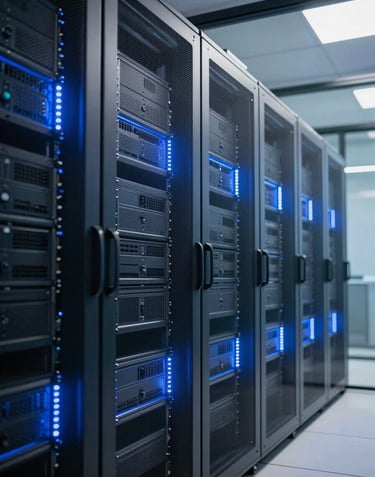 A professional vertical shot of a modern glass-walled server room in France, reflecting blue LED lights and metallic server cabinets, highly sophisticated look.