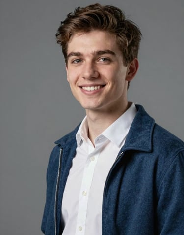 A professional studio portrait of a young French student in tech, wearing a smart casual white shirt and blue jacket, looking confident and smiling, plain grey backdrop.