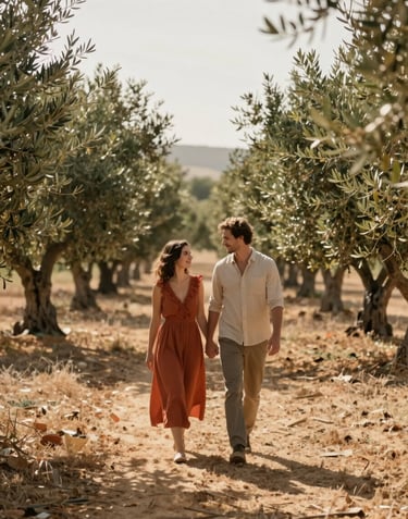 A wide, cinematic shot of a couple walking through a sun-drenched olive grove. The lighting is warm and hazy, casting long shadows. They are holding hands, looking at each other naturally. The palette features earthy terracotta and soft sand colors.