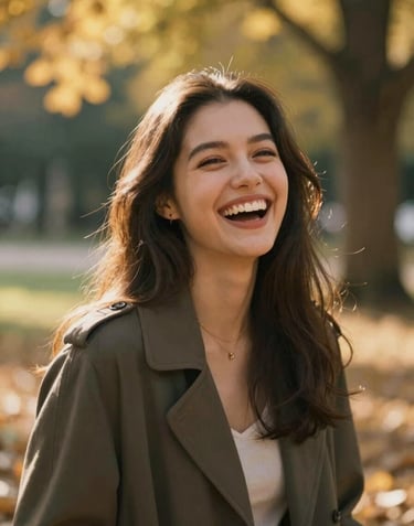 A cinematic portrait of a young woman laughing naturally in a sun-lit park, bokeh background with golden leaf highlights. Authentic human connection.