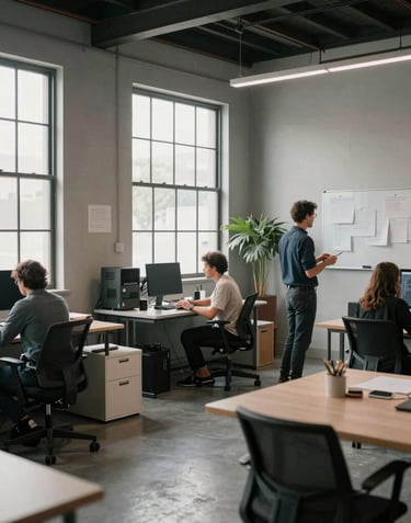 A professional creative workspace in West Hollywood, showing individuals collaborating in an open-plan office with large windows, industrial-chic decor, and light gray tones.