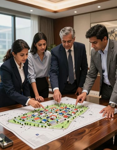 A professional business setting in a luxury Gurugram office where South Asian real estate experts are reviewing a site plan of Alan City township on a large mahogany table.
