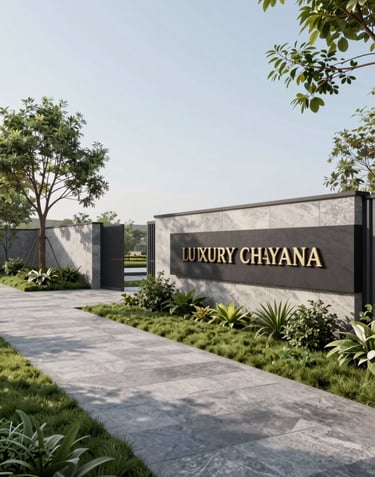 An architectural 3D rendering of a luxury gated community in Haryana, India, showing high-end landscaping, stone-paved walkways, and charcoal-colored modern signage.
