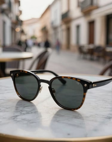 Close-up photography of a bespoke travel itinerary and designer sunglasses on a marble table in an outdoor café, blurred Iberian street in the background, soft morning light.