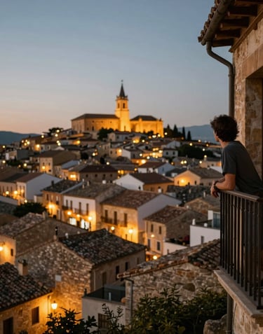 A person looking out from a private balcony over an ancient Iberian town at twilight, warm gold lights flickering in the distance, evocative and peaceful atmosphere.