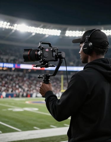 A professional sports videographer silhouetted against the bright lights of a modern American football stadium at night, holding a sleek carbon-fiber gimbal setup, North American / US setting.