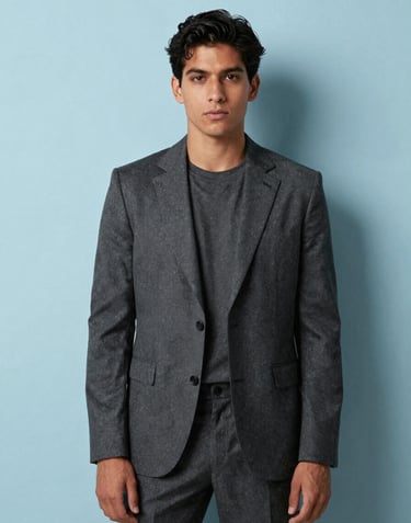 Editorial photography of a subject in sophisticated dark grey attire standing against a minimalist baby blue wall. The composition is off-center, reflecting a modern South American fashion aesthetic. Soft studio lighting.