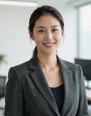 A high-end professional headshot of a PR expert wearing a charcoal blazer, looking confident and friendly. The background is a clean, bright white North American professional office environment with soft, natural lighting.